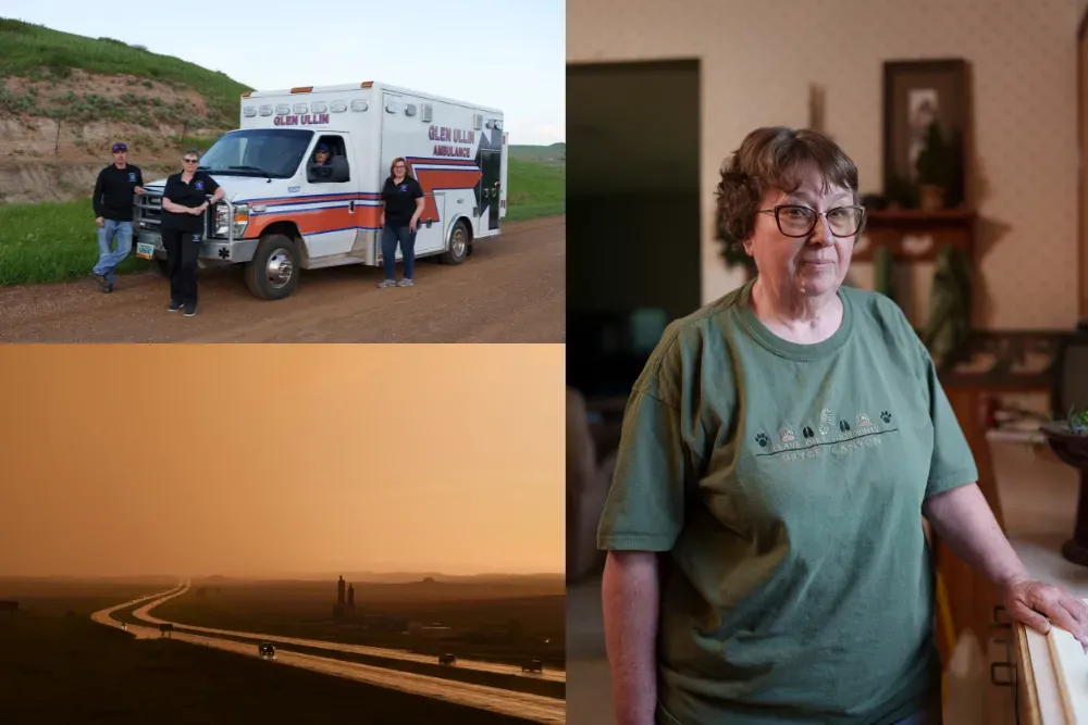 3 image collage. First image has an ambulance and emt's. Second image is of an elderly woman in her home. Third image is of a highway with hazy orange air.